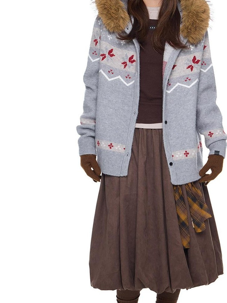 EZEK Fur Collar Hooded Vintage Loose Women's Acrylic Blend Button-up Cardigans