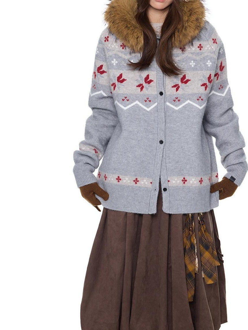 EZEK Fur Collar Hooded Vintage Loose Women's Acrylic Blend Button-up Cardigans