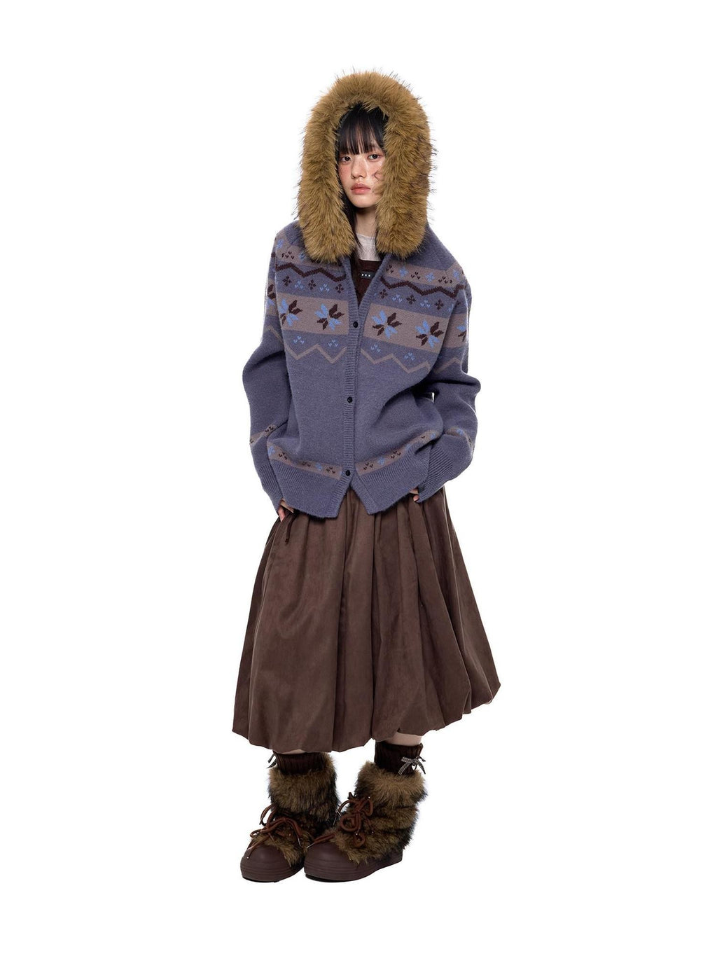 EZEK Fur Collar Hooded Vintage Loose Women's Acrylic Blend Button-up Cardigans