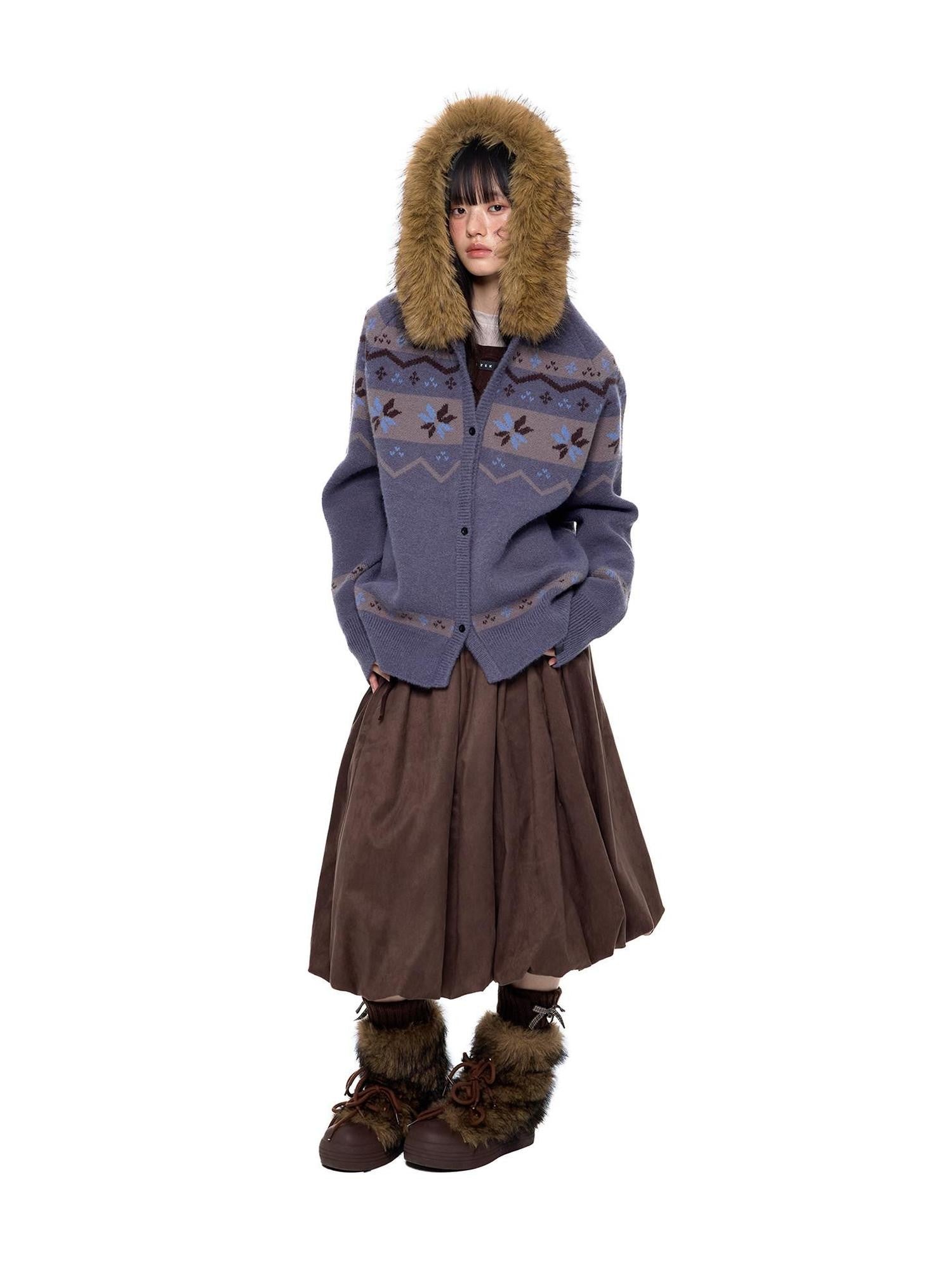 EZEK Fur Collar Hooded Vintage Loose Women's Acrylic Blend Button-up Cardigans