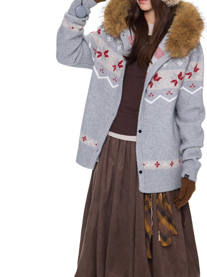 EZEK Fur Collar Hooded Vintage Loose Women's Acrylic Blend Button-up Cardigans
