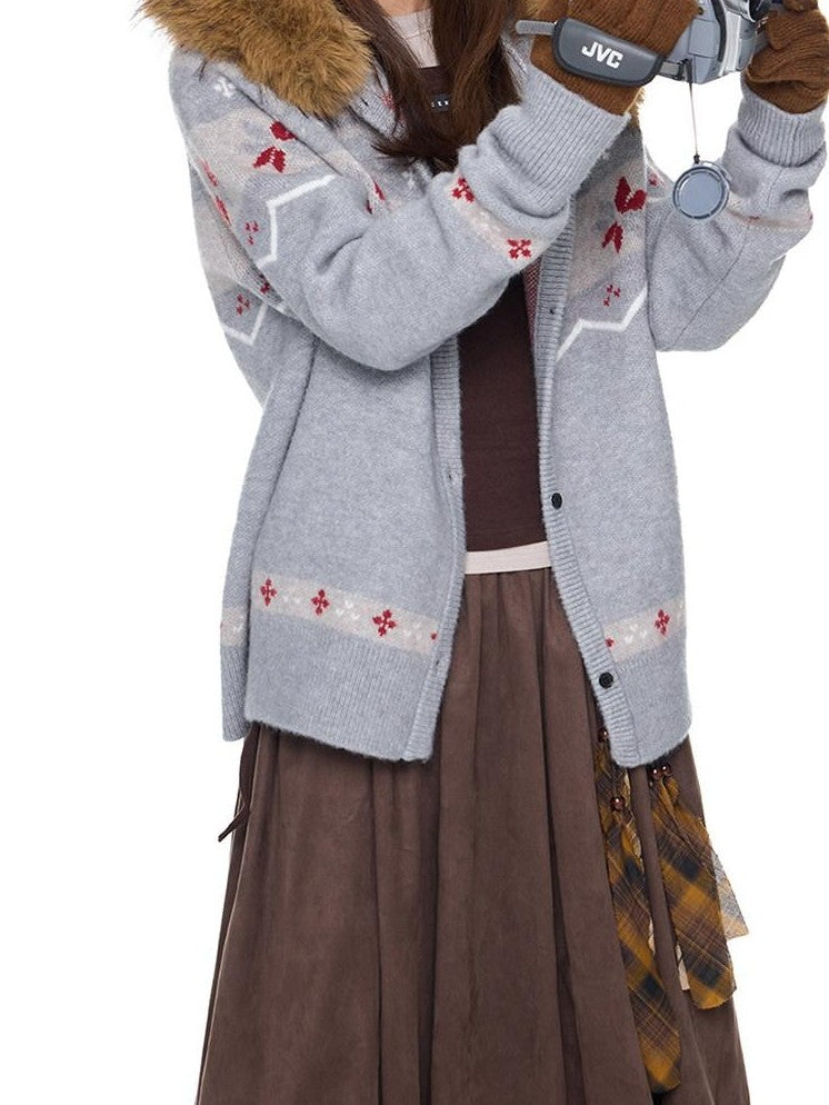 EZEK Fur Collar Hooded Vintage Loose Women's Acrylic Blend Button-up Cardigans