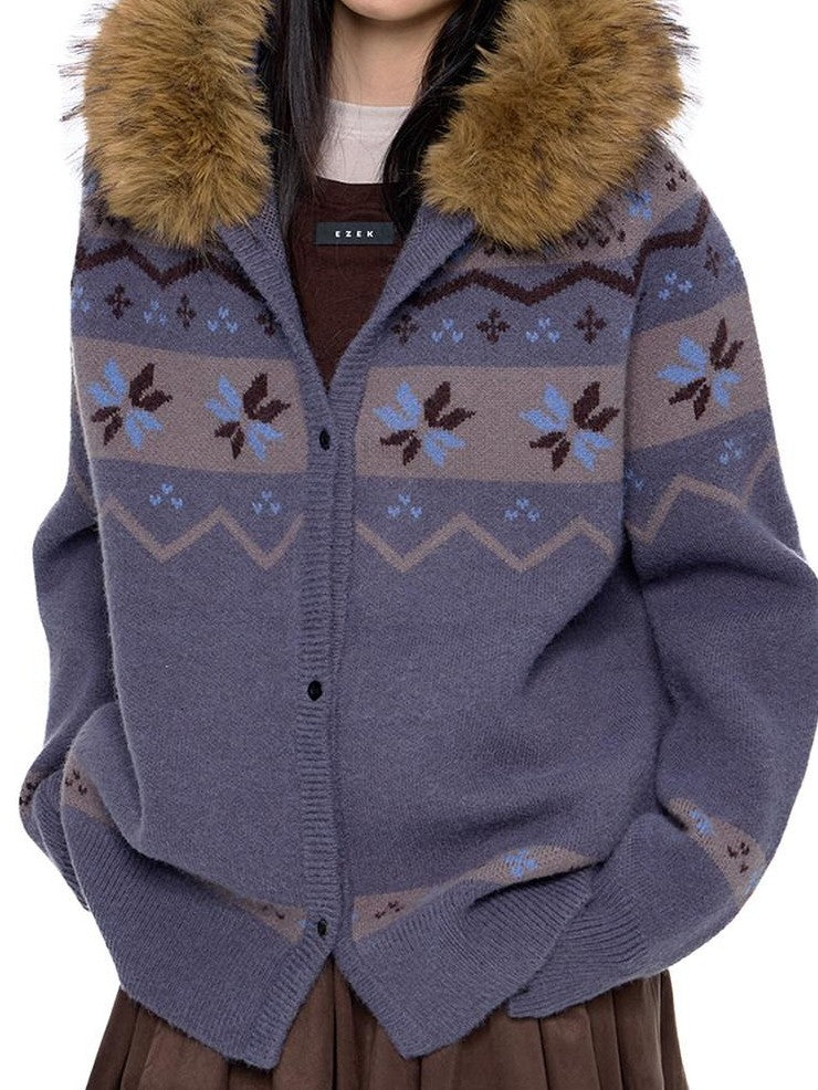 EZEK Fur Collar Hooded Vintage Loose Women's Acrylic Blend Button-up Cardigans