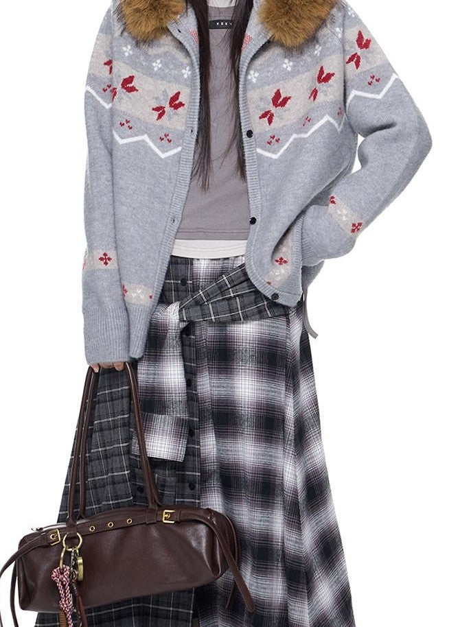 EZEK Fur Collar Hooded Vintage Loose Women's Acrylic Blend Button-up Cardigans