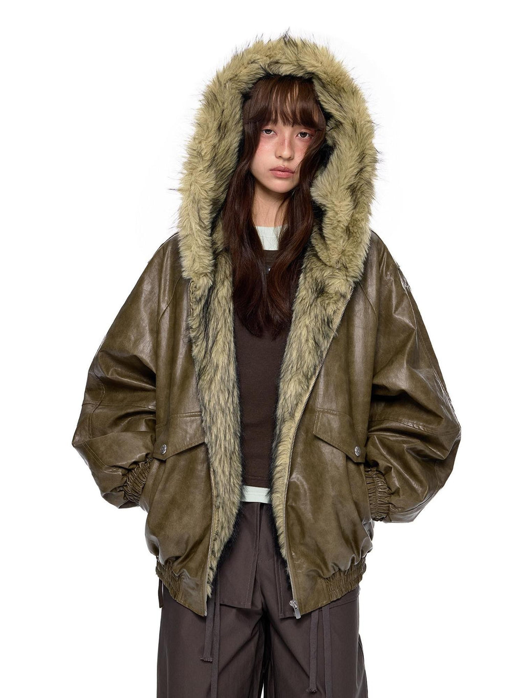 EZEK Fur Collar Leather Panel Pocket Hooded Oversized Women's Cotton Puffer Jackets