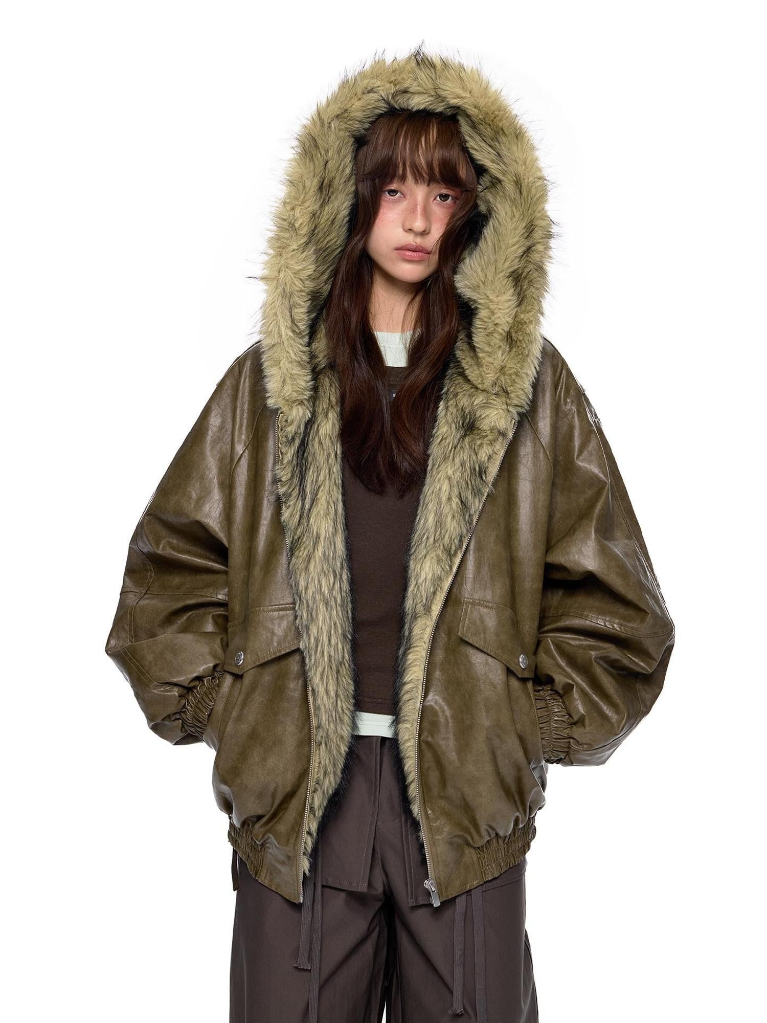 EZEK Fur Collar Leather Panel Pocket Hooded Oversized Women's Cotton Puffer Jackets
