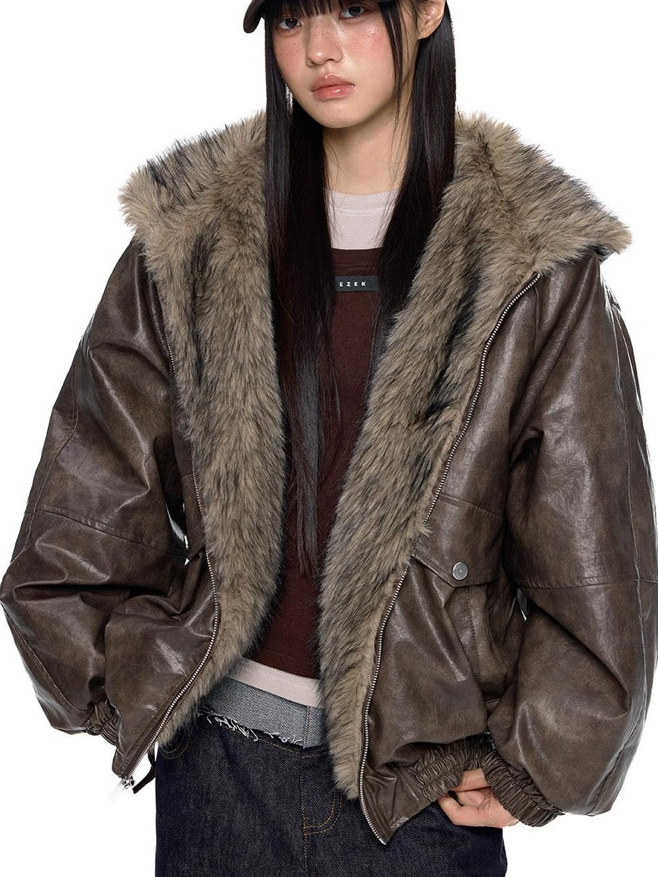 EZEK Fur Collar Leather Panel Pocket Hooded Oversized Women's Cotton Puffer Jackets