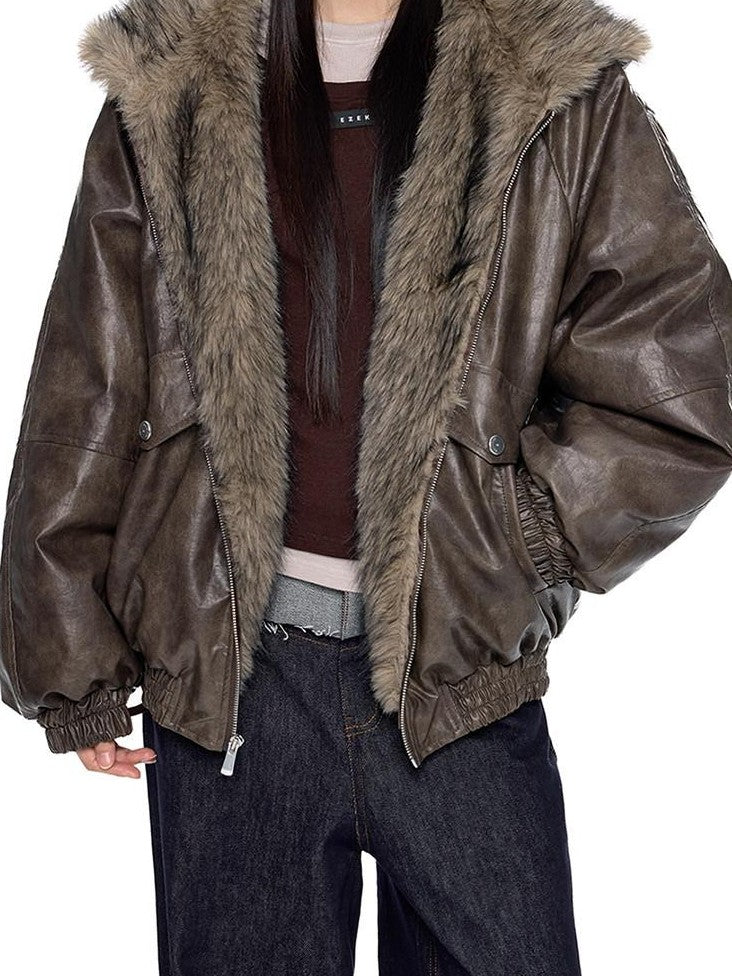 EZEK Fur Collar Leather Panel Pocket Hooded Oversized Women's Cotton Puffer Jackets