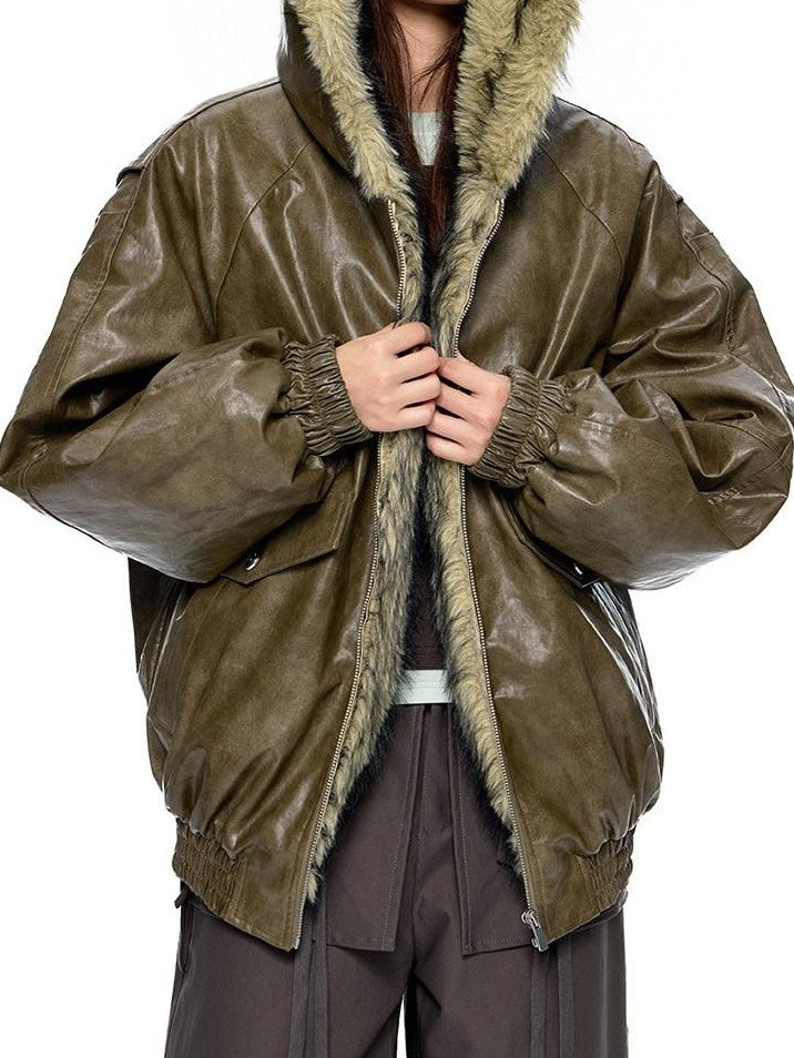 EZEK Fur Collar Leather Panel Pocket Hooded Oversized Women's Cotton Puffer Jackets