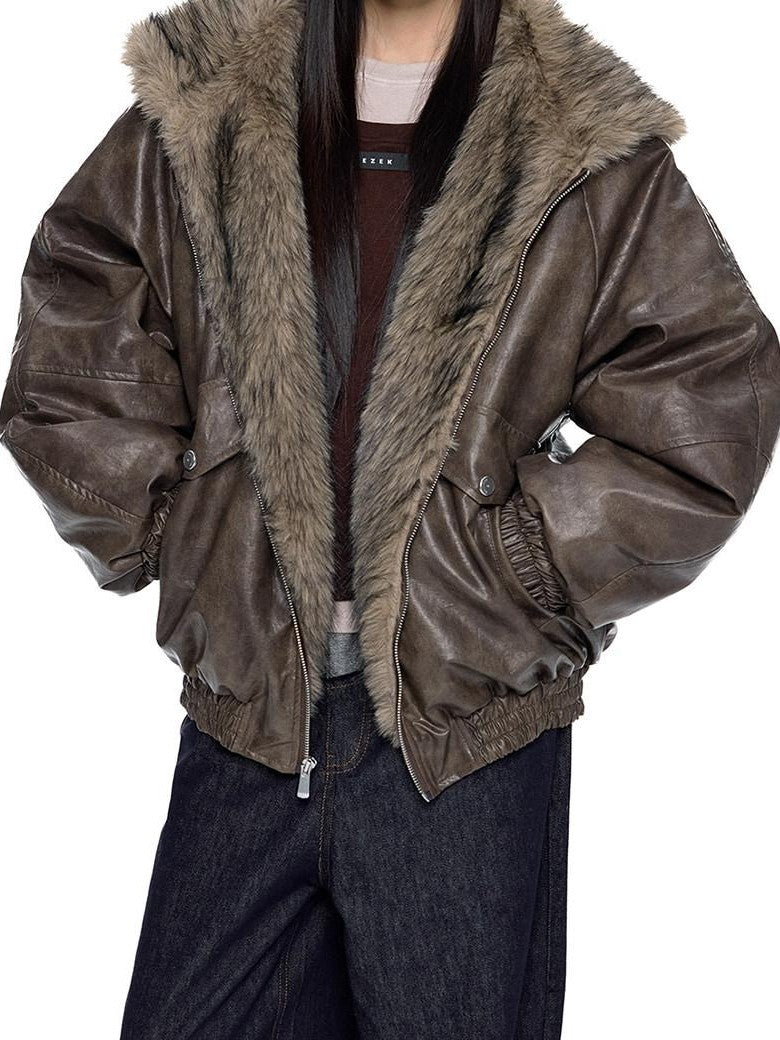 EZEK Fur Collar Leather Panel Pocket Hooded Oversized Women's Cotton Puffer Jackets