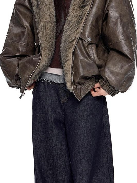 EZEK Fur Collar Leather Panel Pocket Hooded Oversized Women's Cotton Puffer Jackets