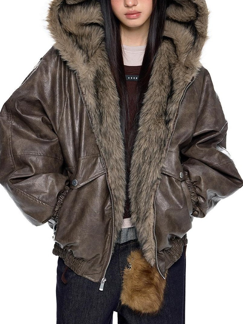 EZEK Fur Collar Leather Panel Pocket Hooded Oversized Women's Cotton Puffer Jackets