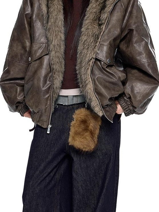 EZEK Fur Collar Leather Panel Pocket Hooded Oversized Women's Cotton Puffer Jackets