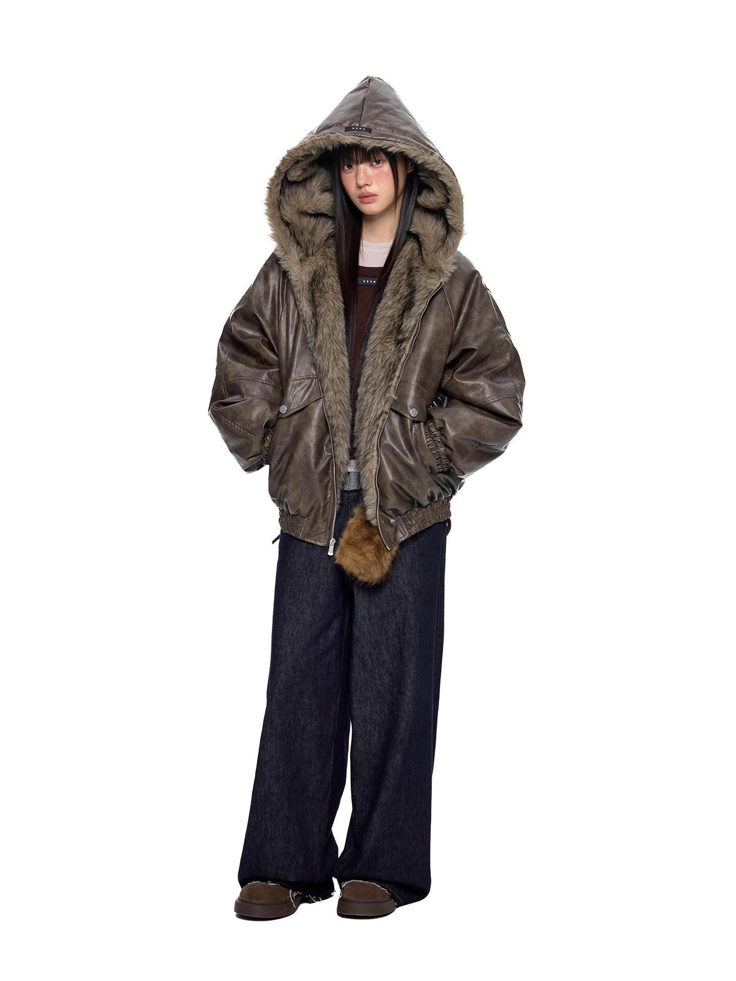 EZEK Fur Collar Leather Panel Pocket Hooded Oversized Women's Cotton Puffer Jackets