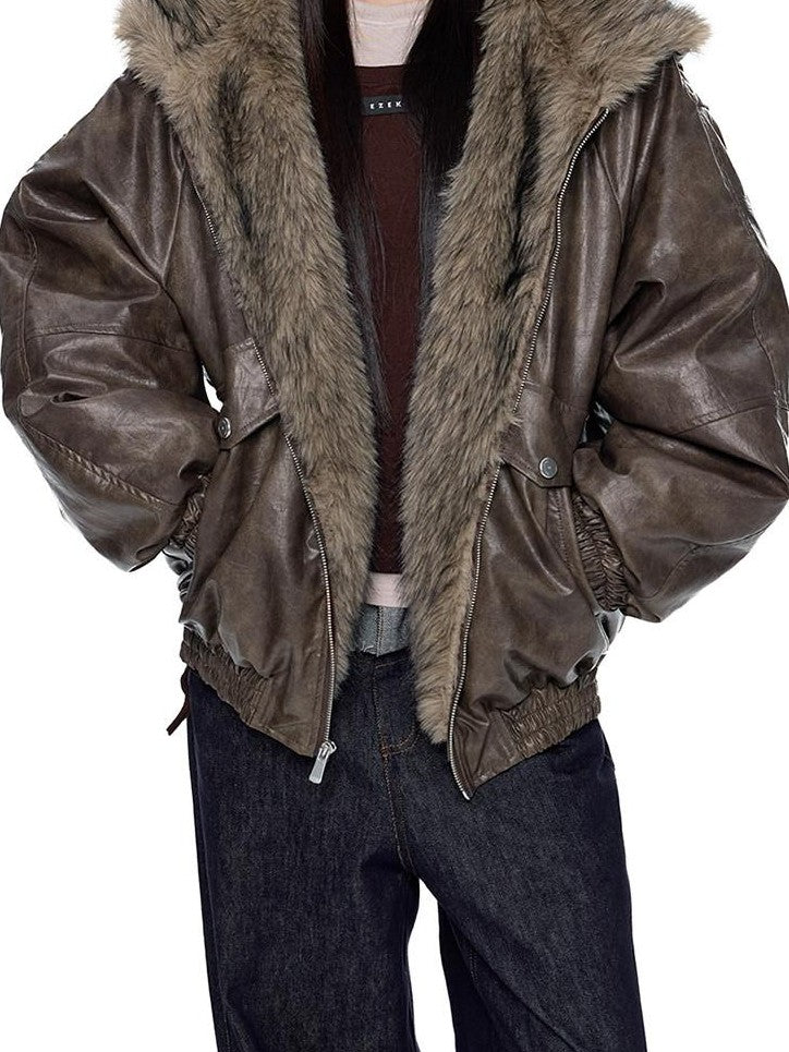 EZEK Fur Collar Leather Panel Pocket Hooded Oversized Women's Cotton Puffer Jackets