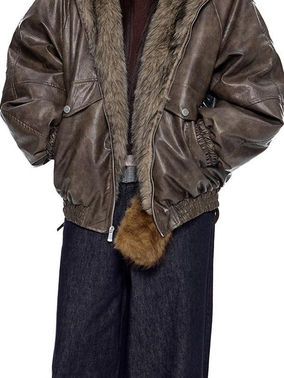 EZEK Fur Collar Leather Panel Pocket Hooded Oversized Women's Cotton Puffer Jackets