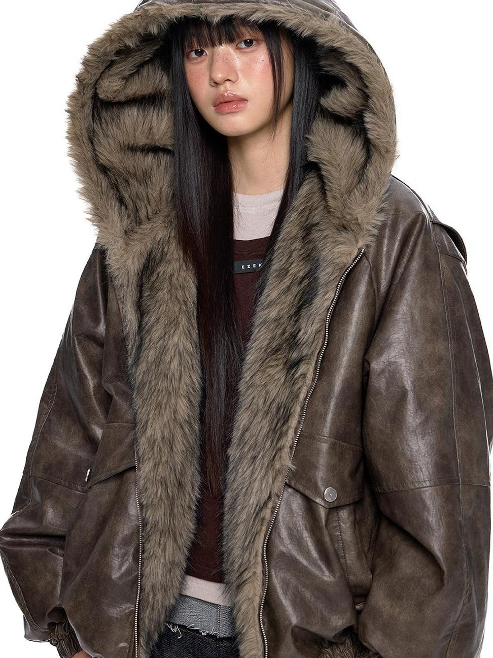 EZEK Fur Collar Leather Panel Pocket Hooded Oversized Women's Cotton Puffer Jackets