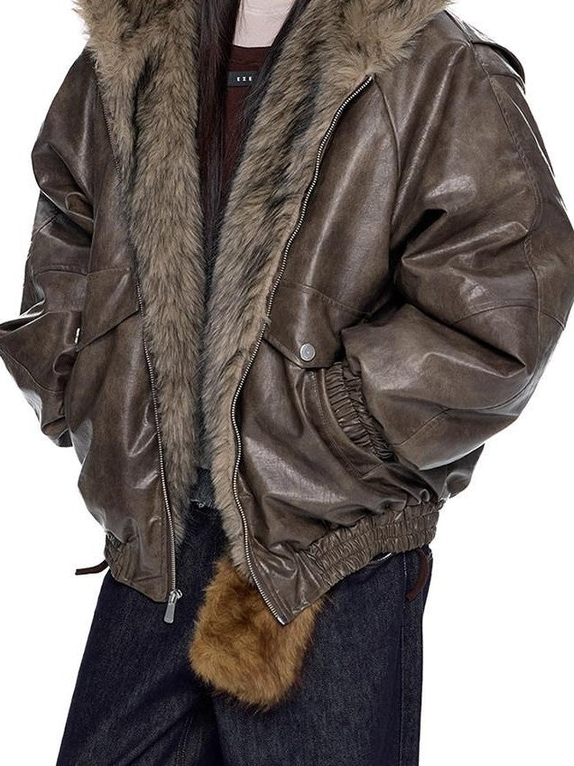 EZEK Fur Collar Leather Panel Pocket Hooded Oversized Women's Cotton Puffer Jackets