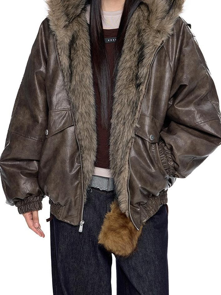 EZEK Fur Collar Leather Panel Pocket Hooded Oversized Women's Cotton Puffer Jackets