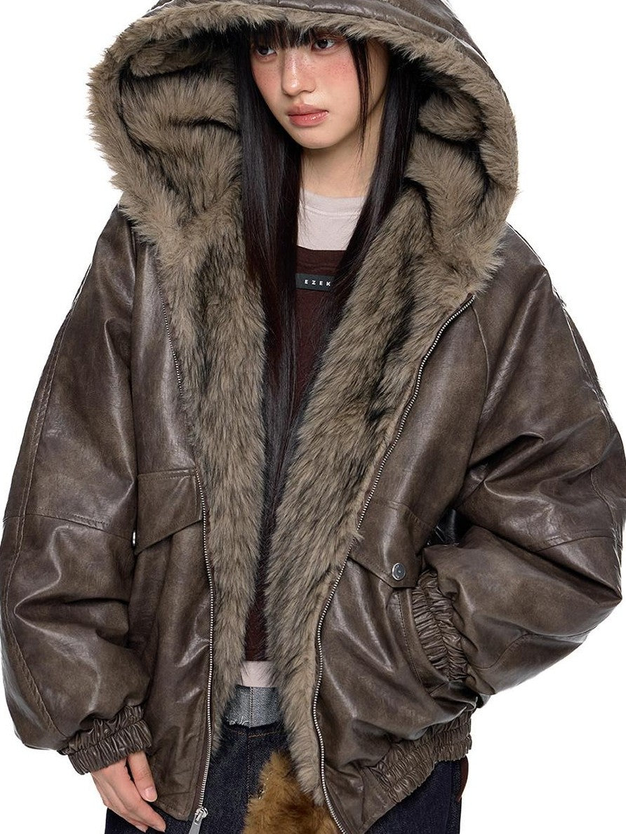 EZEK Fur Collar Leather Panel Pocket Hooded Oversized Women's Cotton Puffer Jackets