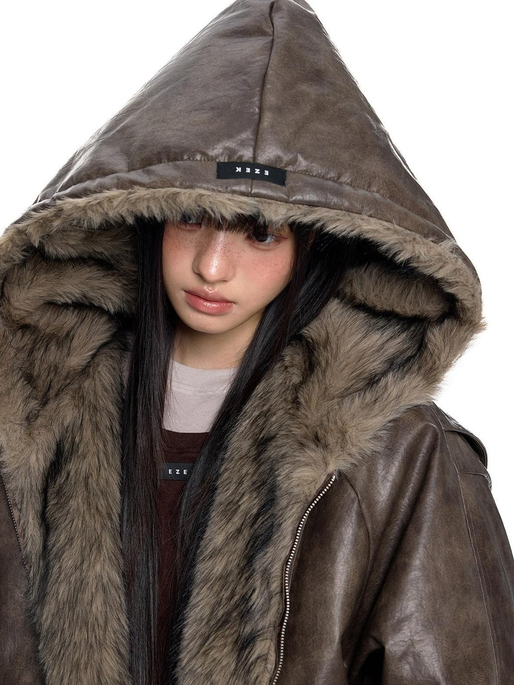 EZEK Fur Collar Leather Panel Pocket Hooded Oversized Women's Cotton Puffer Jackets
