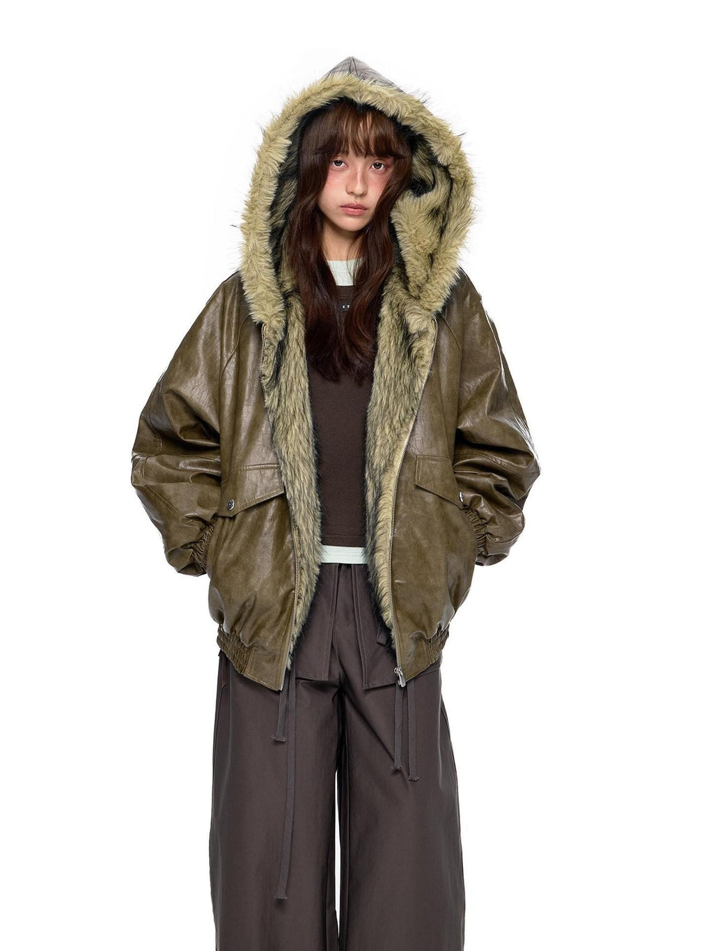 EZEK Fur Collar Leather Panel Pocket Hooded Oversized Women's Cotton Puffer Jackets