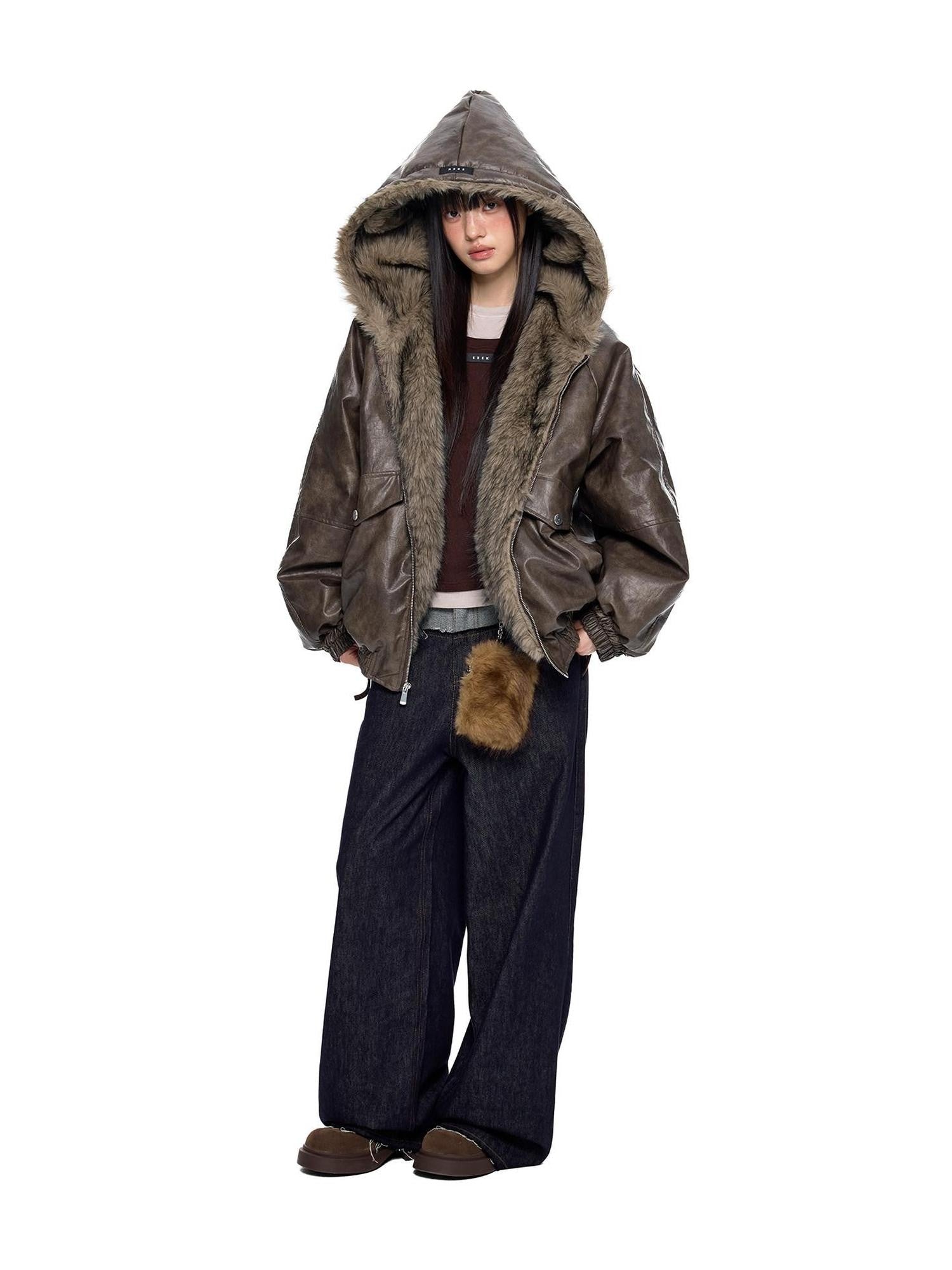 EZEK Fur Collar Leather Panel Pocket Hooded Oversized Women's Cotton Puffer Jackets