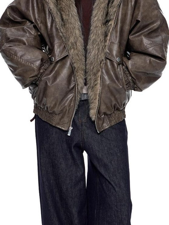 EZEK Fur Collar Leather Panel Pocket Hooded Oversized Women's Cotton Puffer Jackets