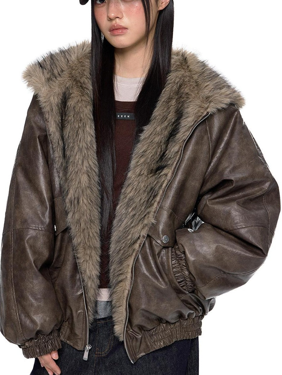 EZEK Fur Collar Leather Panel Pocket Hooded Oversized Women's Cotton Puffer Jackets