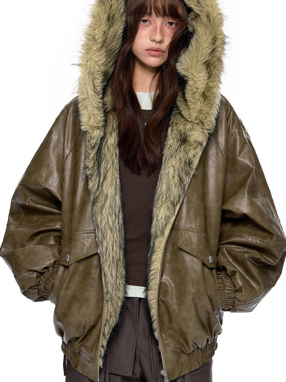 EZEK Fur Collar Leather Panel Pocket Hooded Oversized Women's Cotton Puffer Jackets