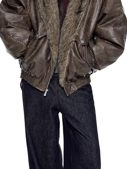 EZEK Fur Collar Leather Panel Pocket Hooded Oversized Women's Cotton Puffer Jackets