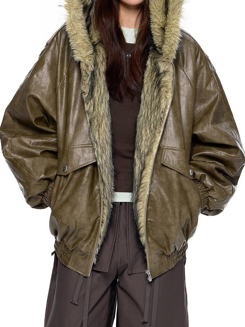 EZEK Fur Collar Leather Panel Pocket Hooded Oversized Women's Cotton Puffer Jackets
