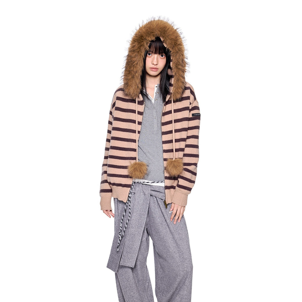 EZEK_Fur_Collar_Striped_Contrast_Hooded_Zipper_Knit_Women's_Cardigans_998248483549_MISSTT