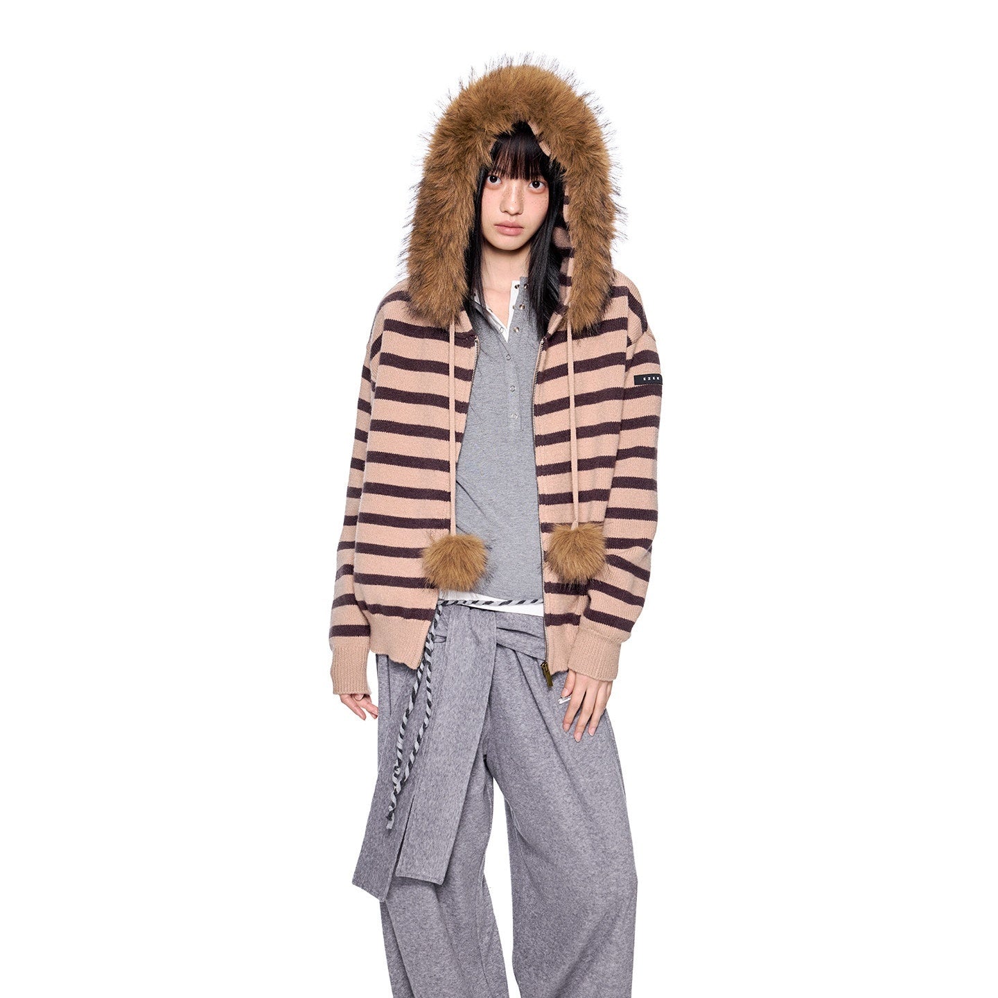 EZEK_Fur_Collar_Striped_Contrast_Hooded_Zipper_Knit_Women's_Cardigans_998248483549_MISSTT