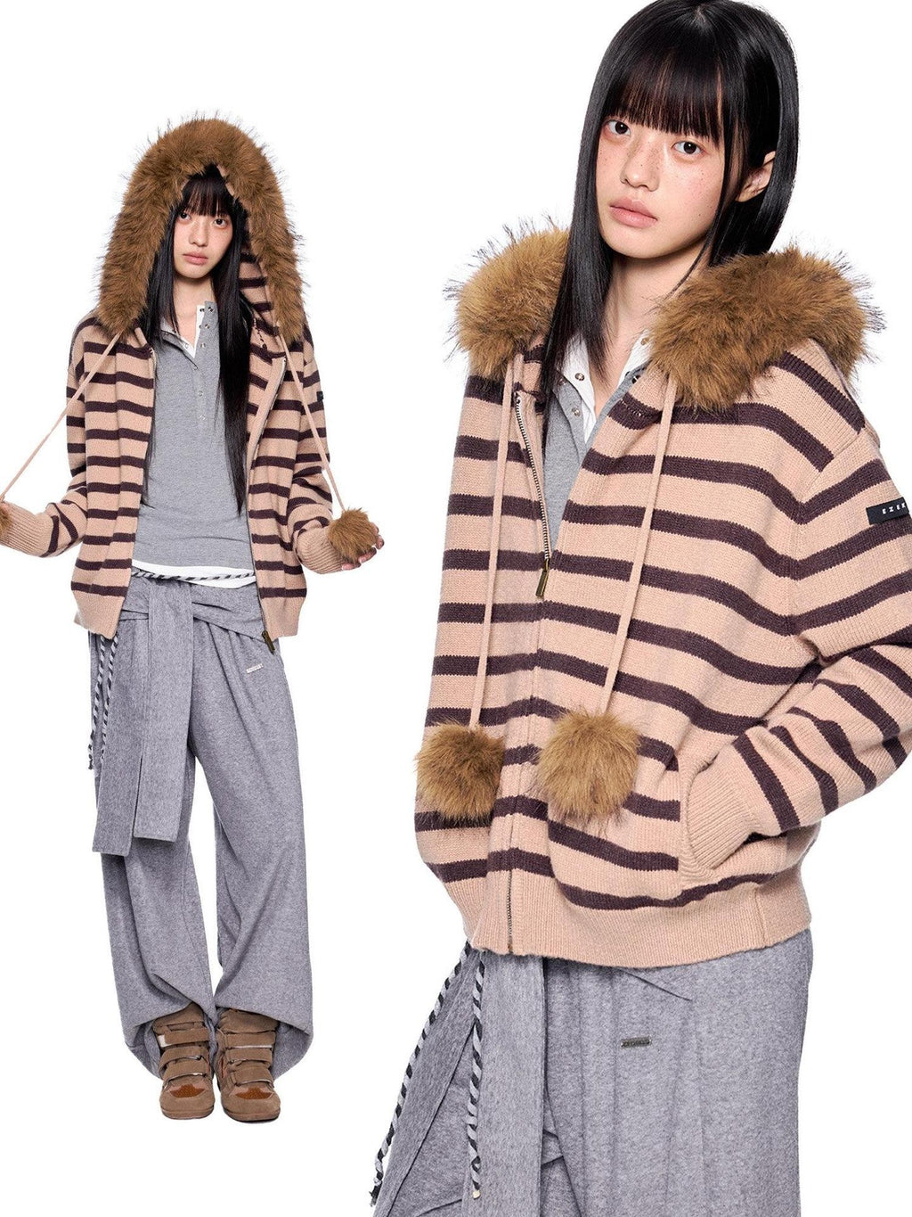 EZEK Fur Collar Striped Contrast Hooded Zipper Knit Women's Cardigans