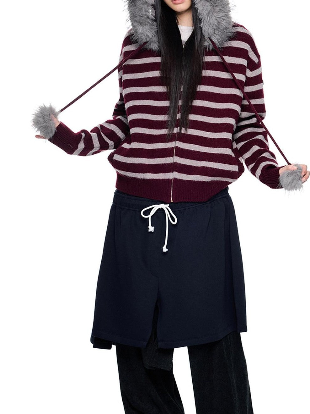 EZEK Fur Collar Striped Contrast Hooded Zipper Knit Women's Cardigans