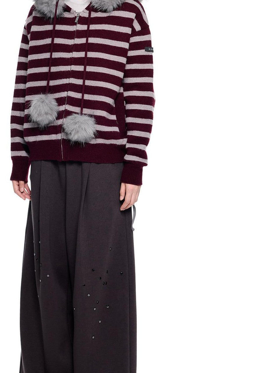 EZEK Fur Collar Striped Contrast Hooded Zipper Knit Women's Cardigans