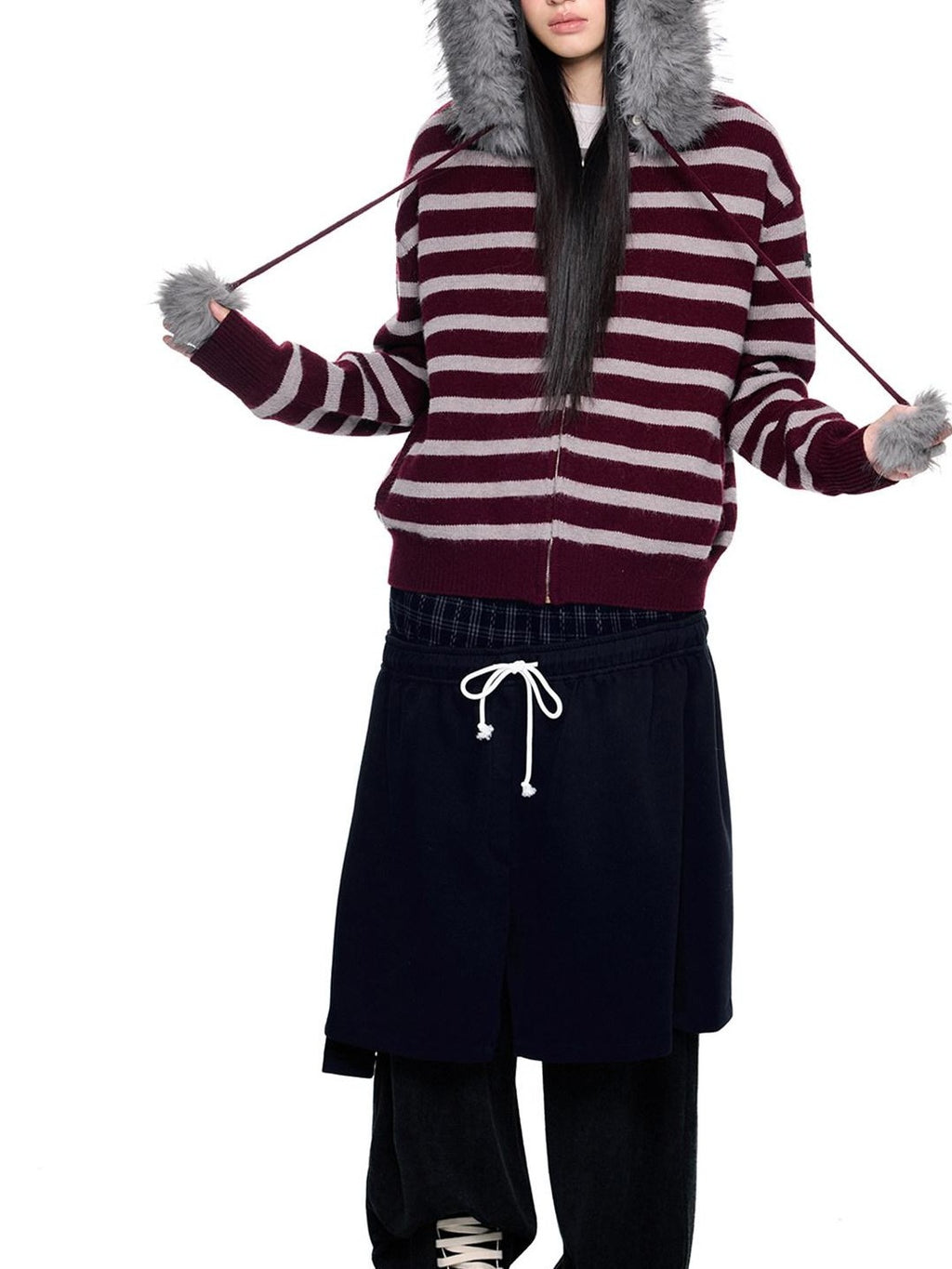 EZEK Fur Collar Striped Contrast Hooded Zipper Knit Women's Cardigans