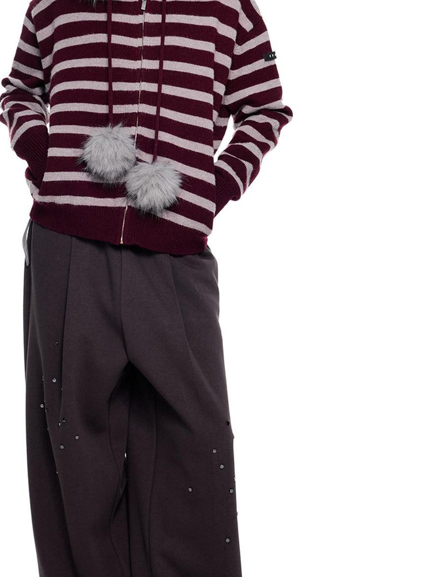 EZEK Fur Collar Striped Contrast Hooded Zipper Knit Women's Cardigans