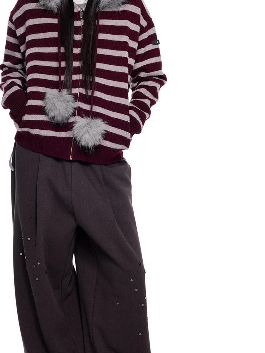 EZEK Fur Collar Striped Contrast Hooded Zipper Knit Women's Cardigans