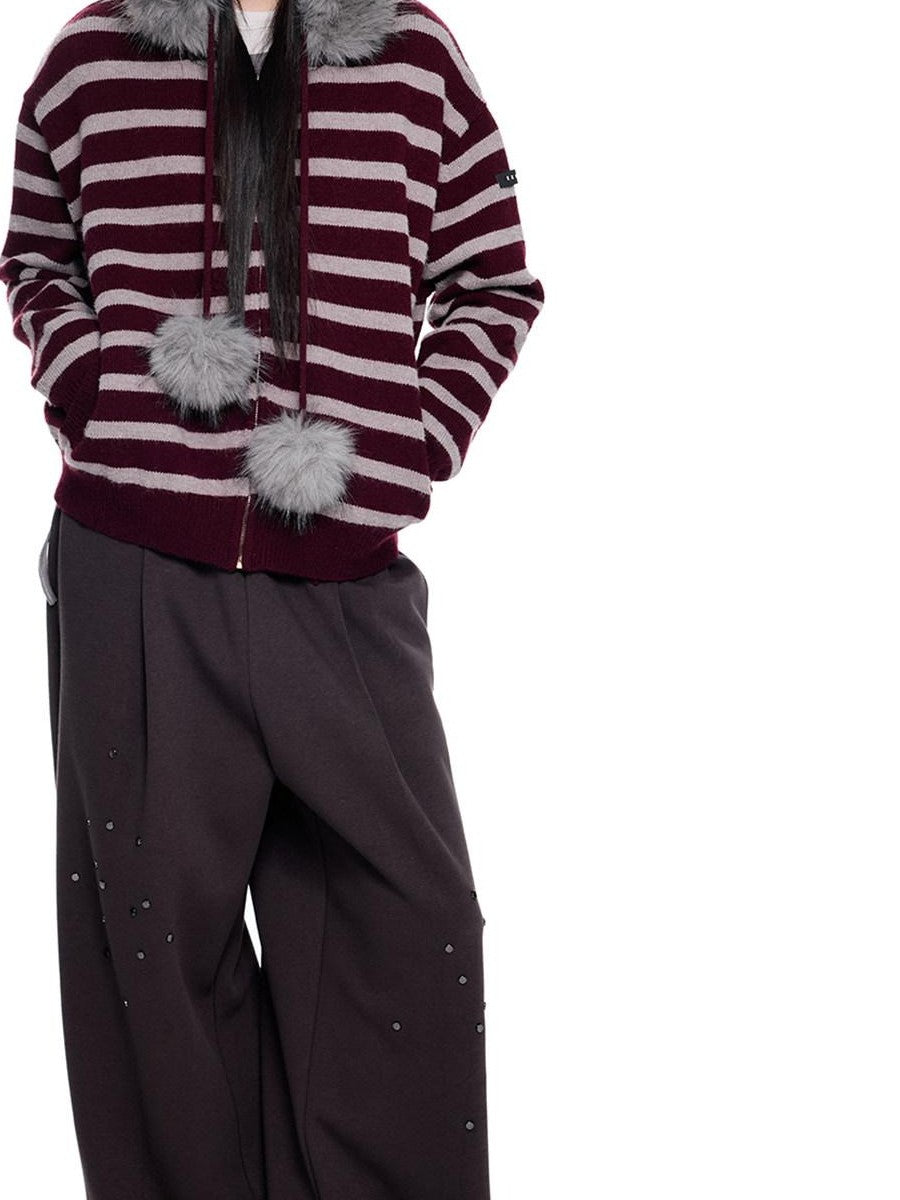 EZEK Fur Collar Striped Contrast Hooded Zipper Knit Women's Cardigans