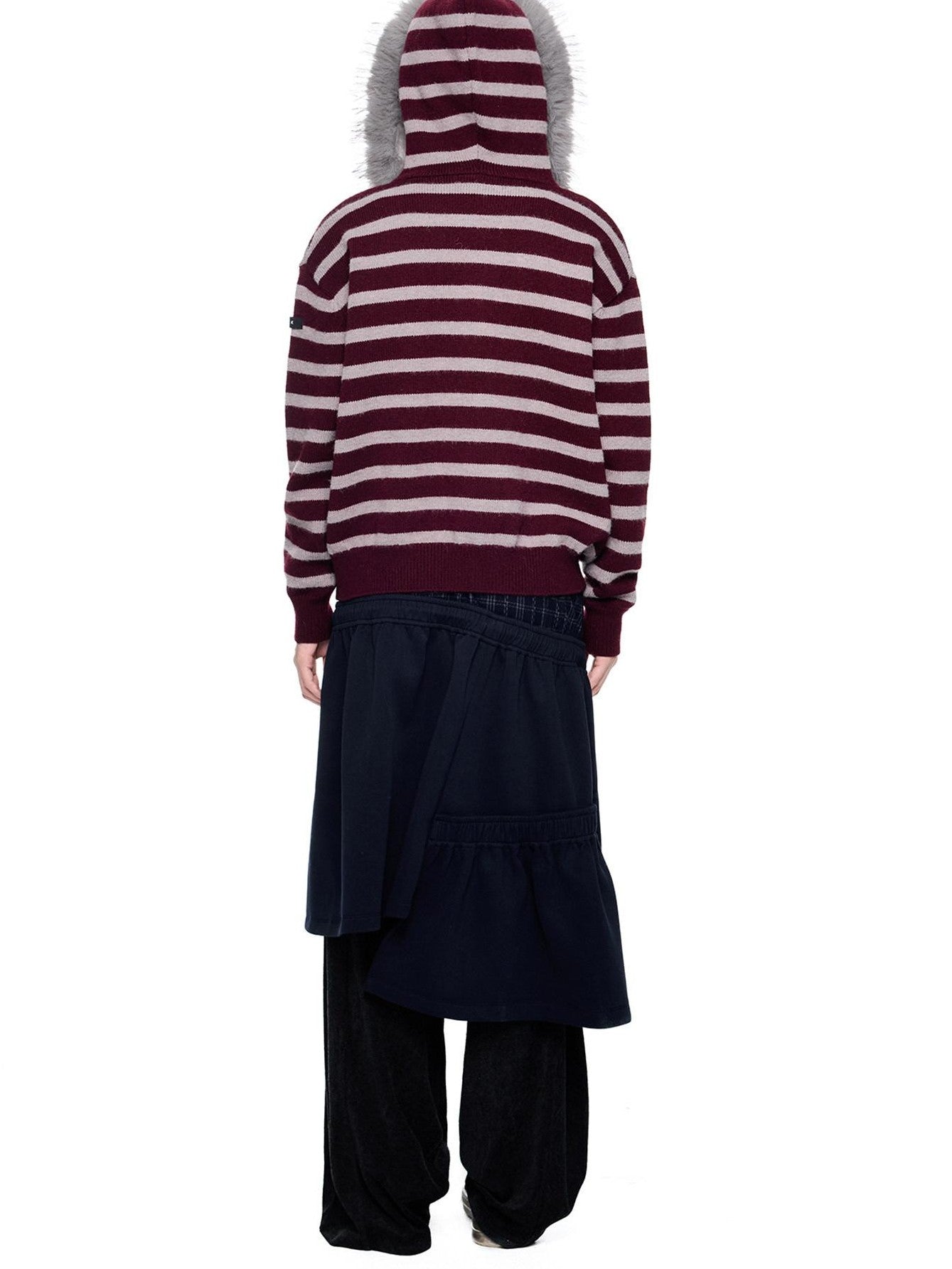 EZEK Fur Collar Striped Contrast Hooded Zipper Knit Women's Cardigans