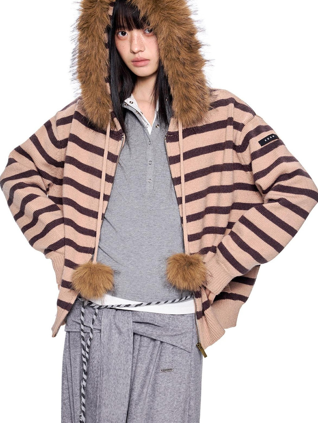EZEK Fur Collar Striped Contrast Hooded Zipper Knit Women's Cardigans