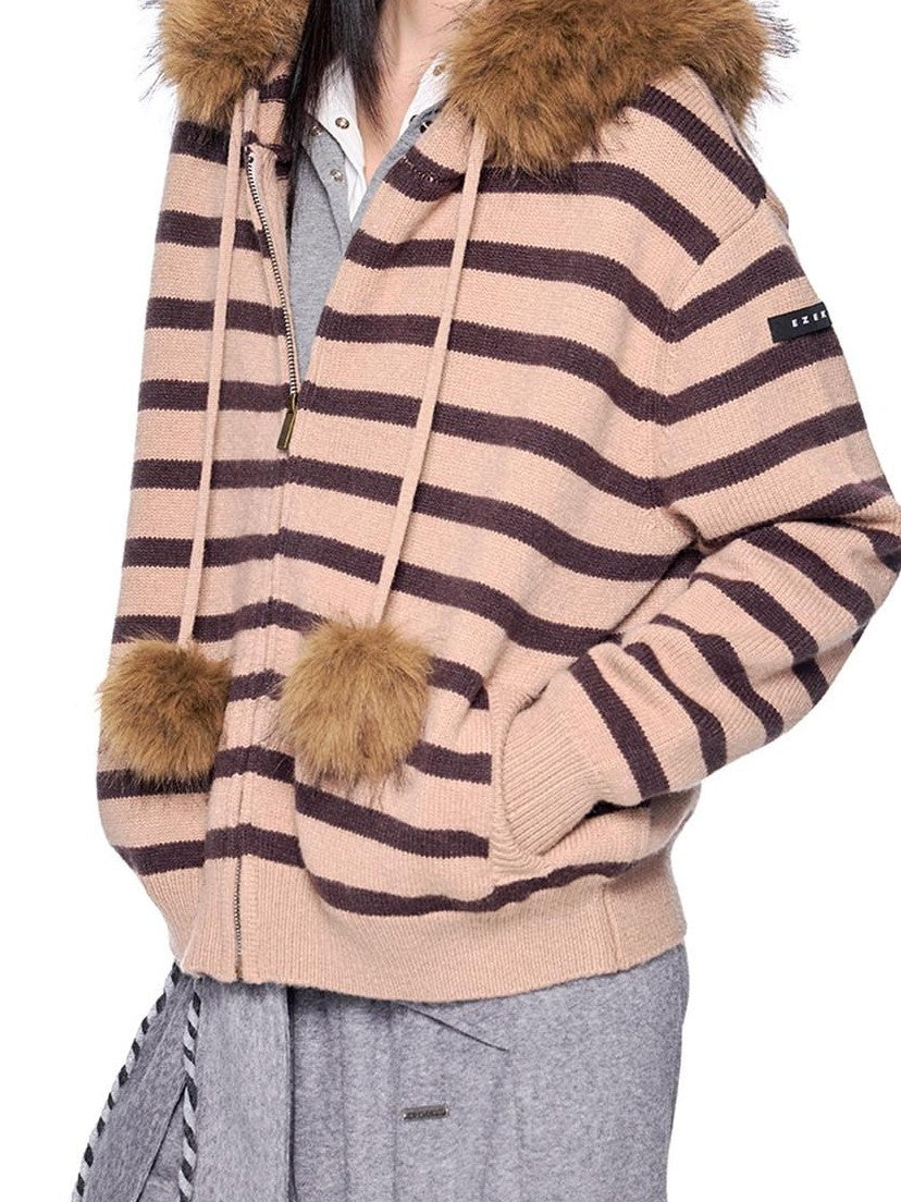 EZEK Fur Collar Striped Contrast Hooded Zipper Knit Women's Cardigans