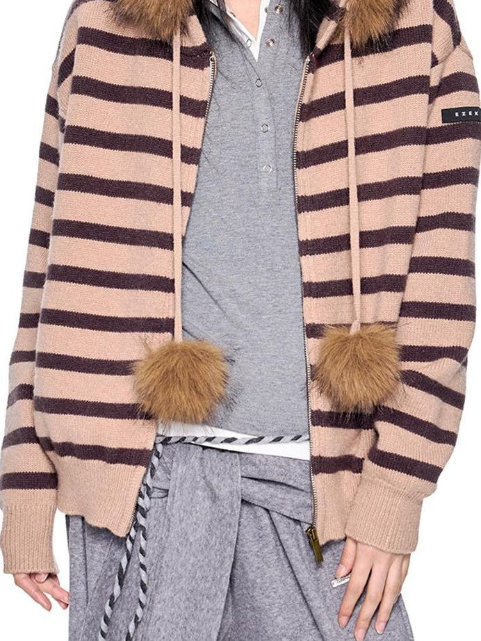 EZEK Fur Collar Striped Contrast Hooded Zipper Knit Women's Cardigans