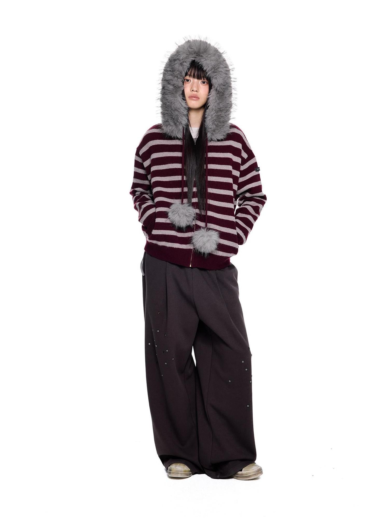 EZEK Fur Collar Striped Contrast Hooded Zipper Knit Women's Cardigans