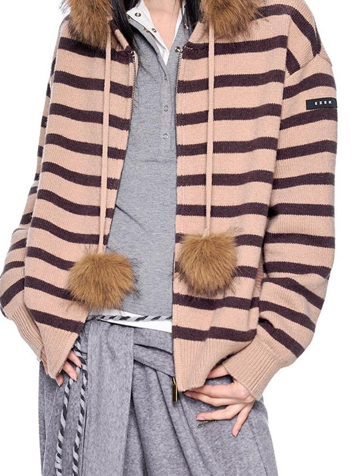 EZEK Fur Collar Striped Contrast Hooded Zipper Knit Women's Cardigans
