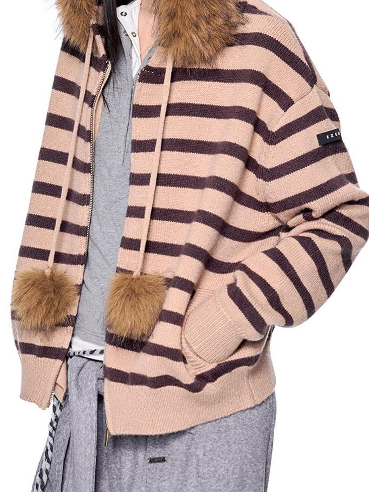 EZEK Fur Collar Striped Contrast Hooded Zipper Knit Women's Cardigans