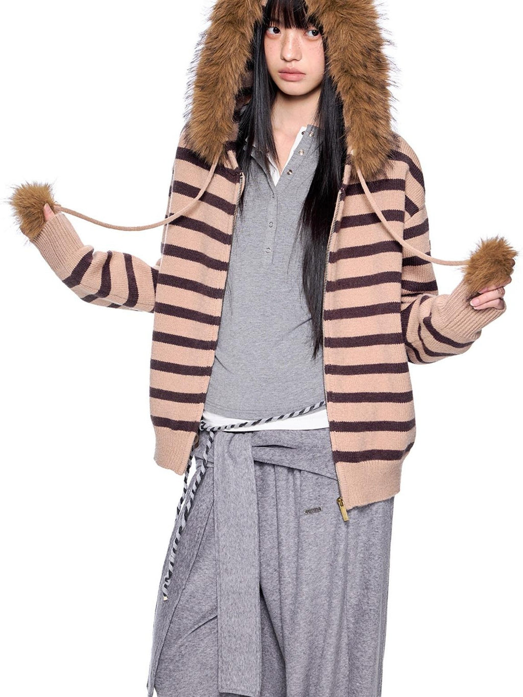 EZEK Fur Collar Striped Contrast Hooded Zipper Knit Women's Cardigans