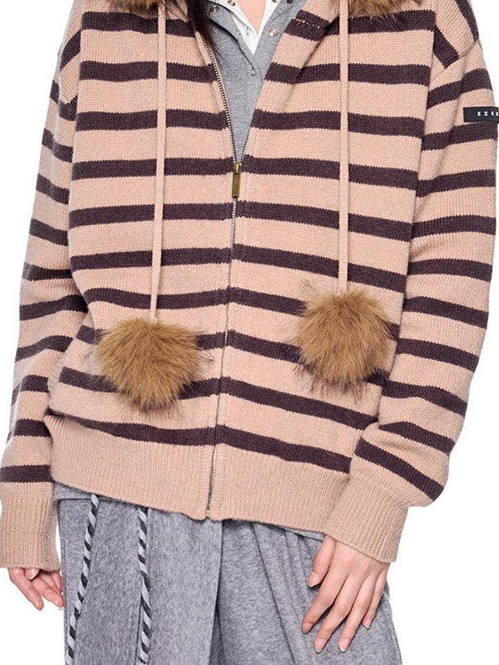 EZEK Fur Collar Striped Contrast Hooded Zipper Knit Women's Cardigans